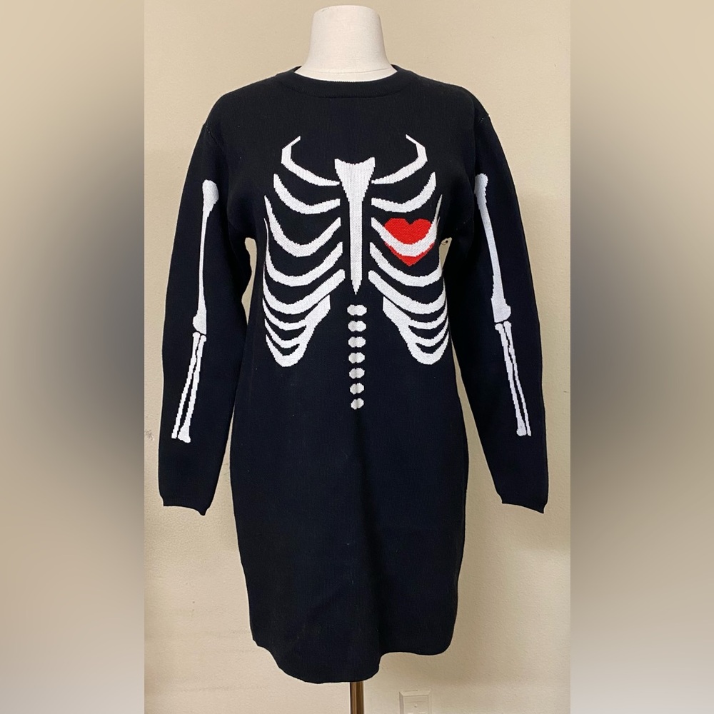 ModCloth Halloween Spooky Skeleton Sweater Dress with Heart